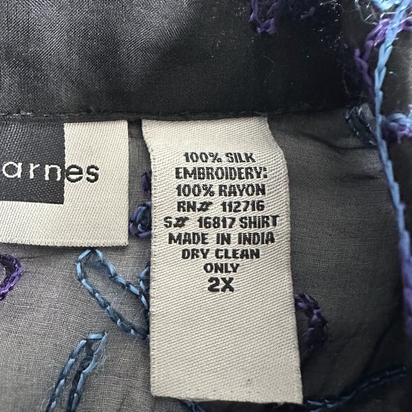 Maggie Barnes Whimsy 100% Silk Embroidered Sheer Shirt Black Paisley Plus 2X Vtg - Picture 5 of 8